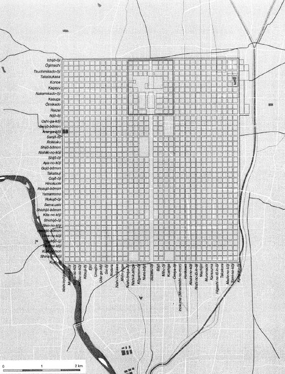 Plan de la ville de Heian-Kyo en français (d'après un dessin de Nicolas Fiévé) sur https://journals.openedition.org/cipango/601#tocto1n1